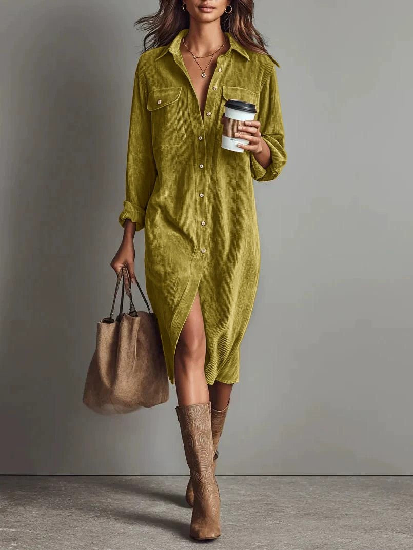 Long Sleeve Turn-Down Collar Button Dress - Grab & Glow