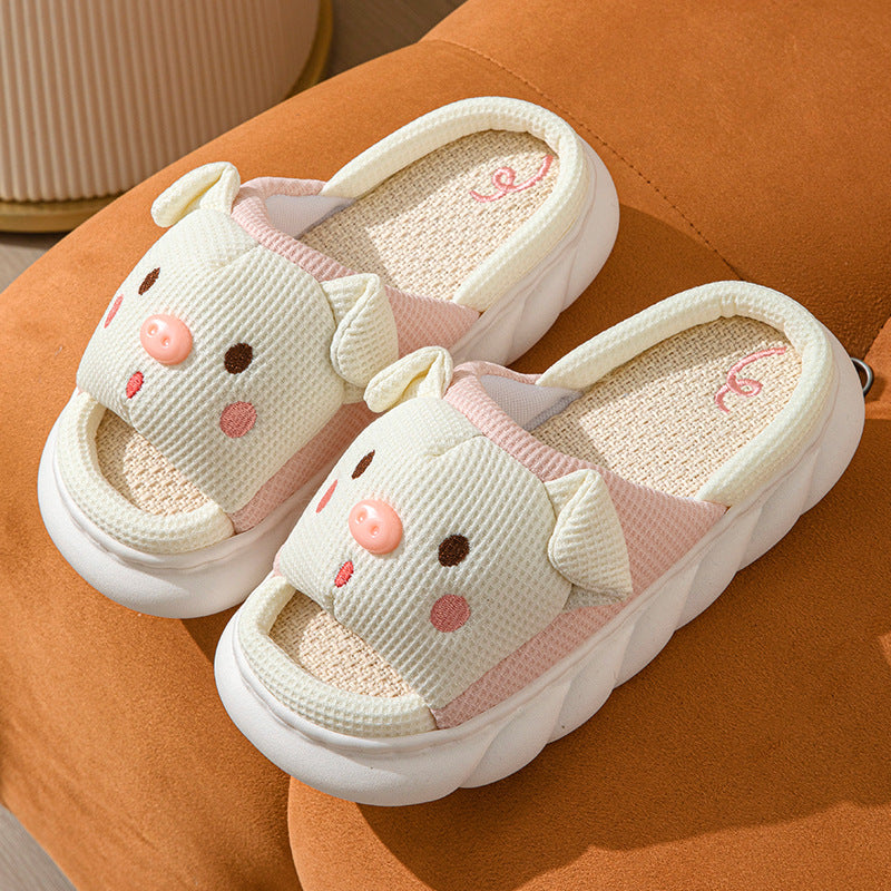 Cute Piggy Slippers Open Toe Linen Home Slipper Couples Women Men Cartoon Pig House Shoes - Grab & Glow