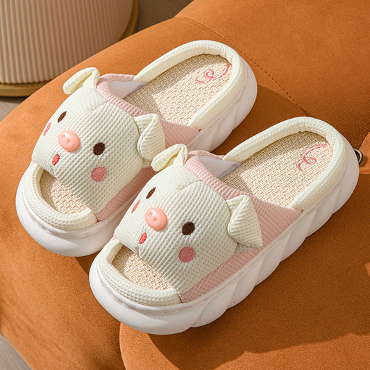 Cute Piggy Slippers Open Toe Linen Home Slipper Couples Women Men Cartoon Pig House Shoes - Grab & Glow