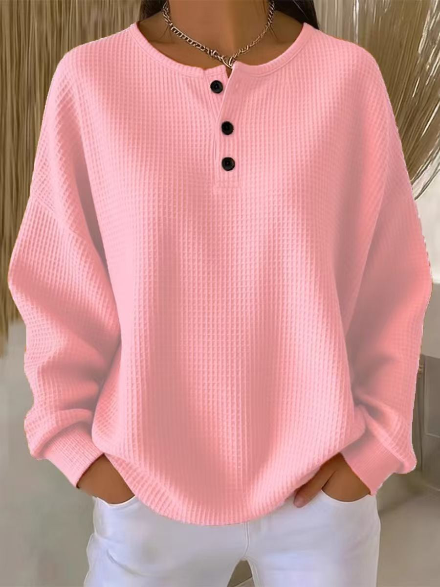 Ins Waffle Long-sleeved T-shirt Fashion Solid Color Buttons Round Neck Pullover Top Women's Clothing - Grab & Glow