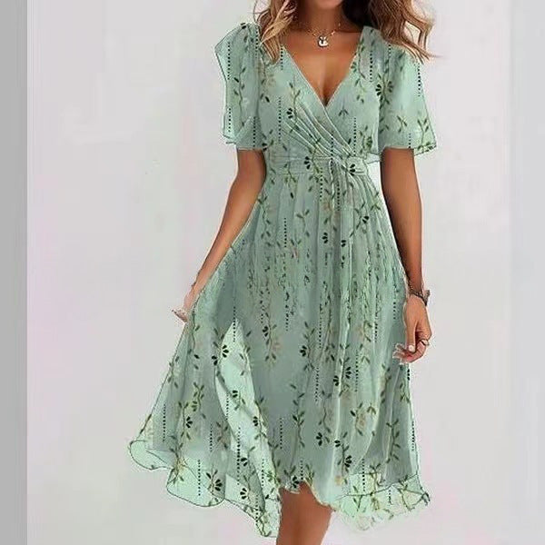 Flowers Printed V-neck Dress Summer A-line Short-sleeved Dresses For Women - Grab & Glow
