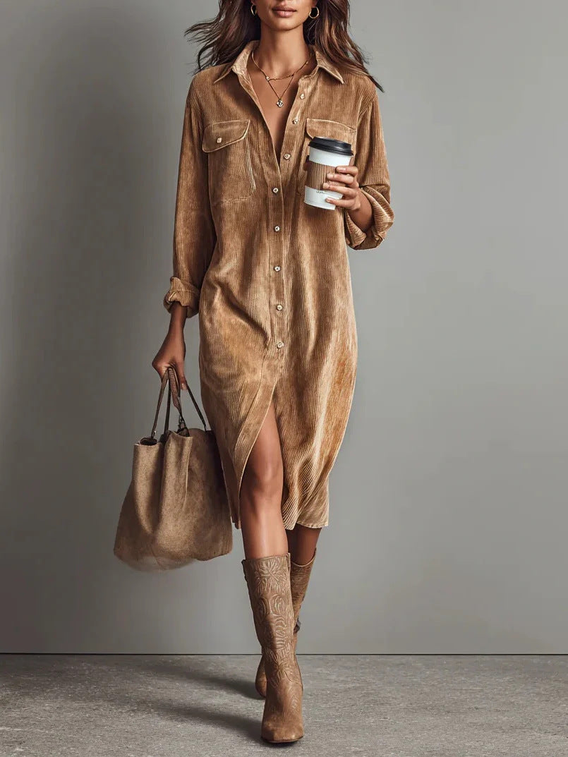Turn-Down Collar Buttons Chic Casual Dress, Women Spring Autumn Solid Simple Party Dress, Long Sleeve Holiday Ladies Dress - Grab & Glow
