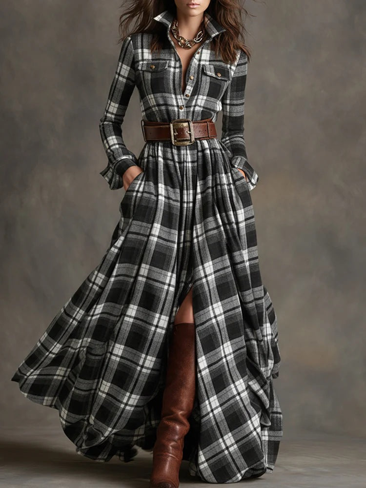 Plaid Print Long-Sleeve Shirt Dress - Grab & Glow