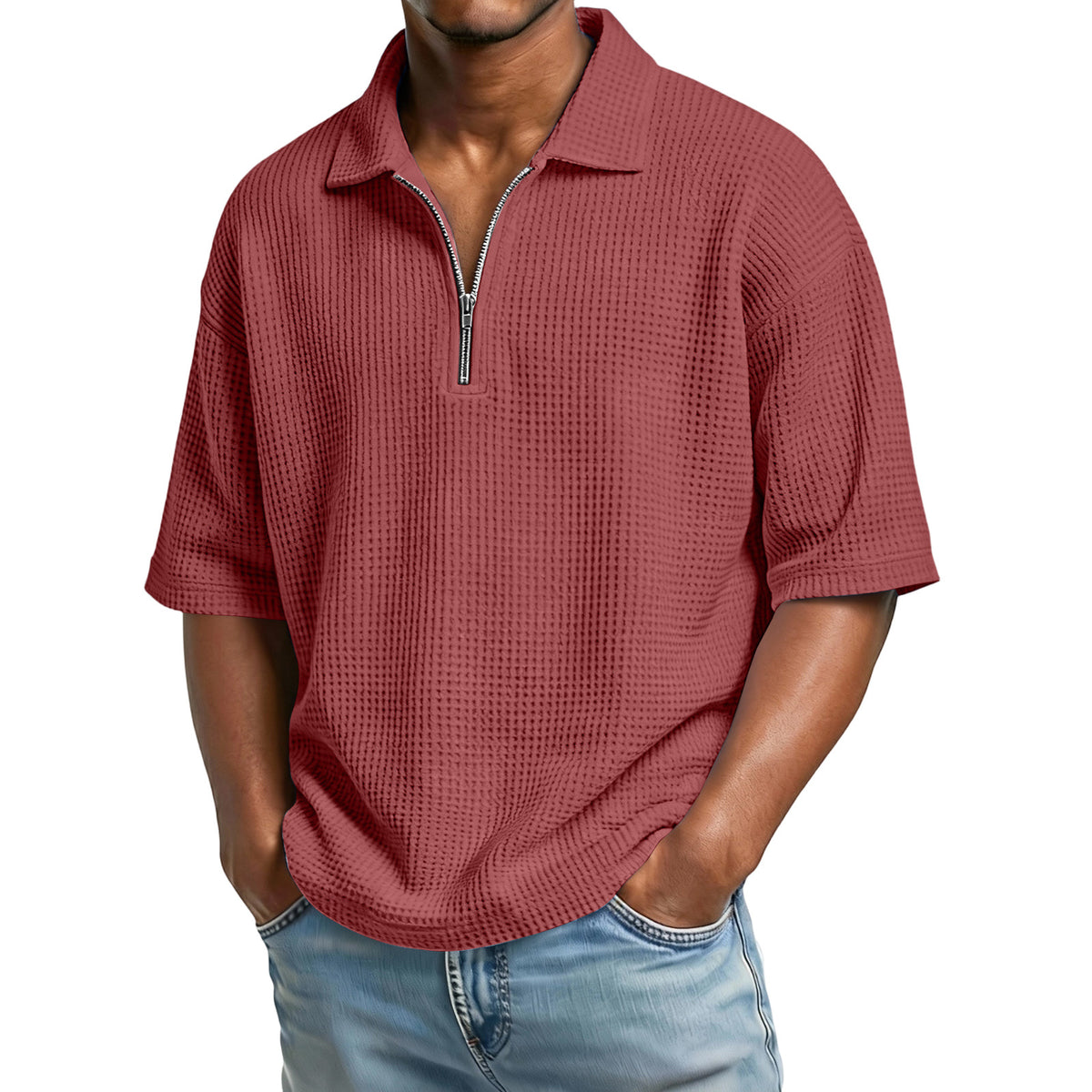 Men's Waffle-Weave Short-Sleeved Shirts Summer Solid Color Lapel Polo Shirt T-Shirt Beach Style Tops - Grab & Glow