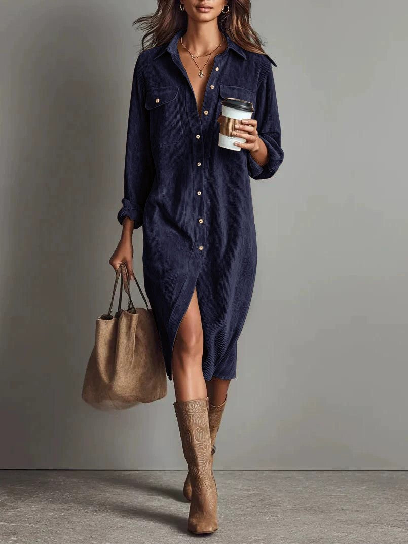 Turn-Down Collar Buttons Chic Casual Dress, Women Spring Autumn Solid Simple Party Dress, Long Sleeve Holiday Ladies Dress - Grab & Glow