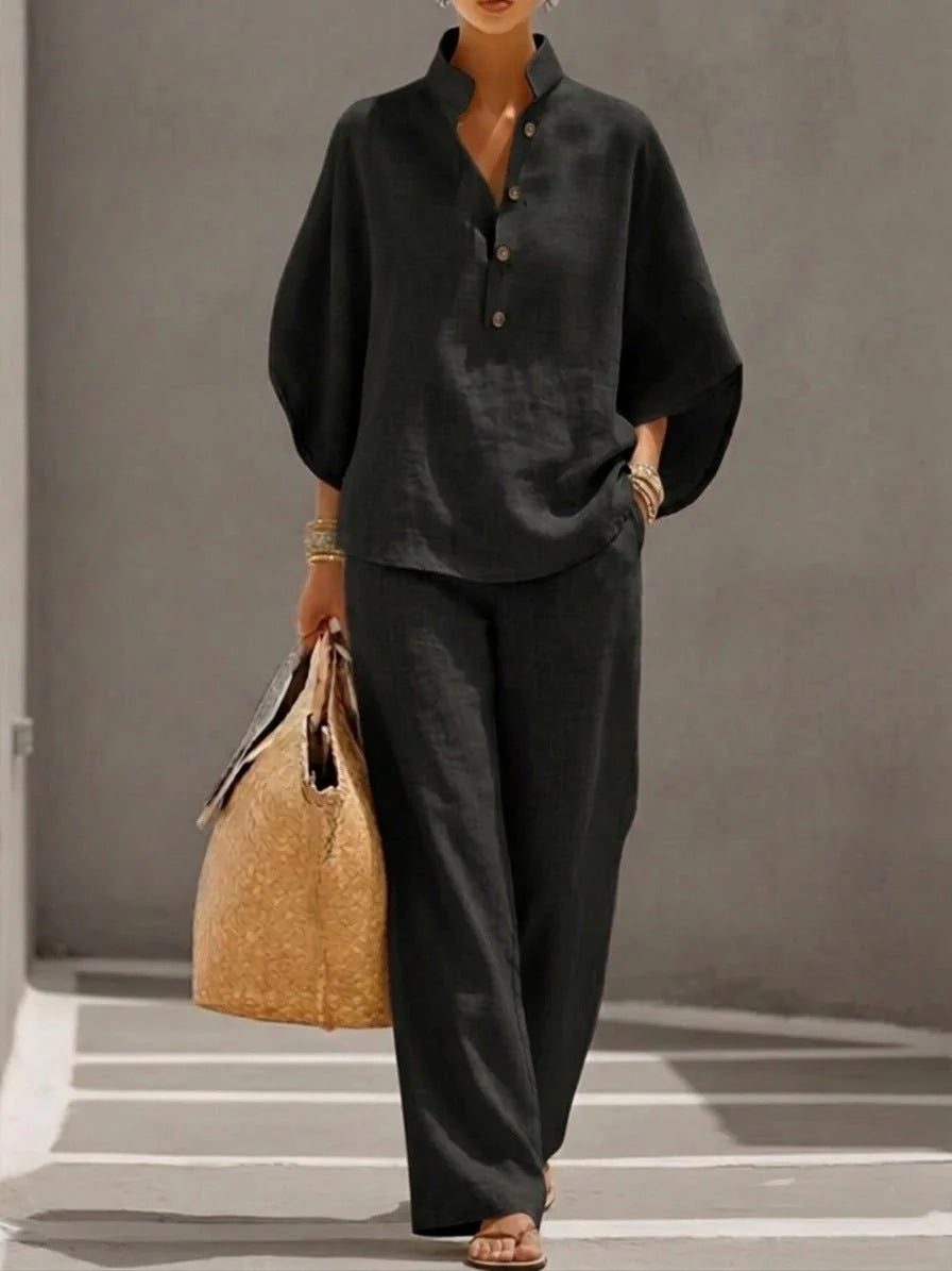 Women's Short-sleeved Suit Summer Loose Pullover Top And Straight-leg Trousers Outfit Clothing - Grab & Glow