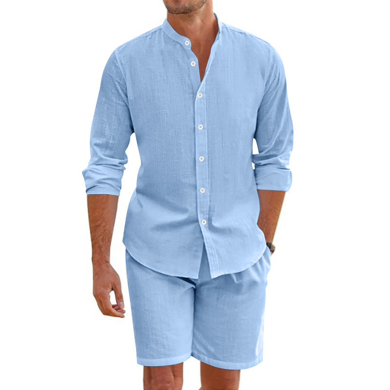 Summer Short Shirt Suit Fashion Lapel Button Down Short Sleeve Top And Drawstring Shorts Beach Clothing For Men - Grab & Glow