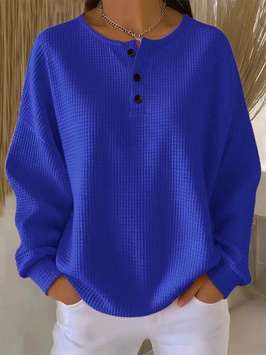 Ins Waffle Long-sleeved T-shirt Fashion Solid Color Buttons Round Neck Pullover Top Women's Clothing - Grab & Glow