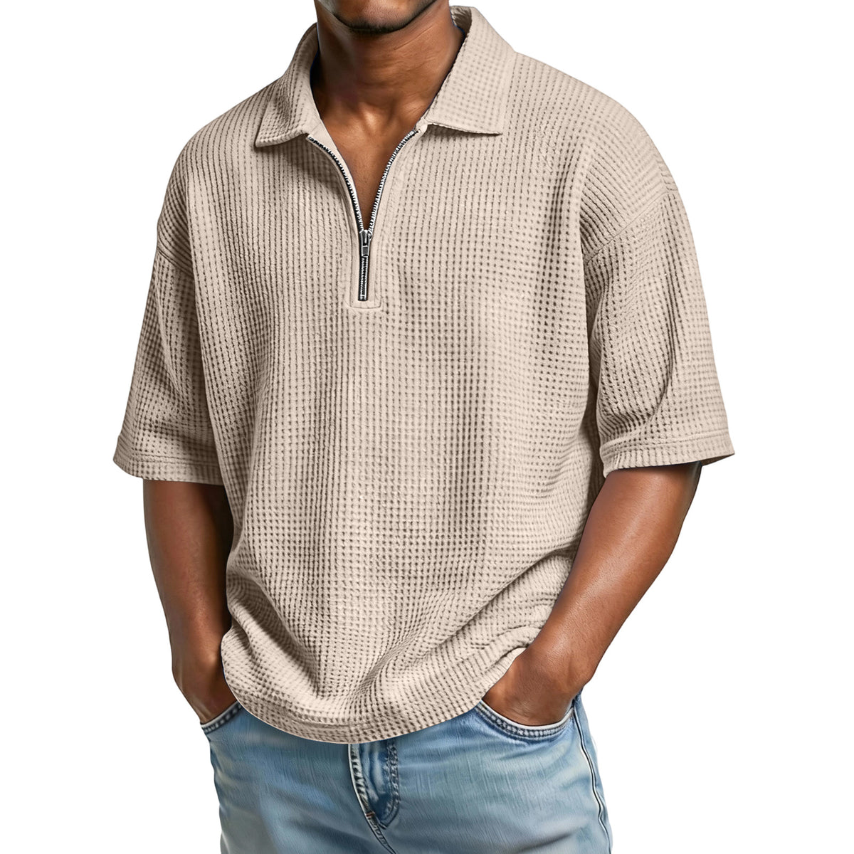 Men's Waffle-Weave Short-Sleeved Shirts Summer Solid Color Lapel Polo Shirt T-Shirt Beach Style Tops - Grab & Glow