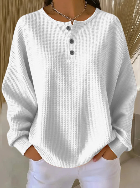Waffle Knit Long-Sleeve Button Top - Grab & Glow