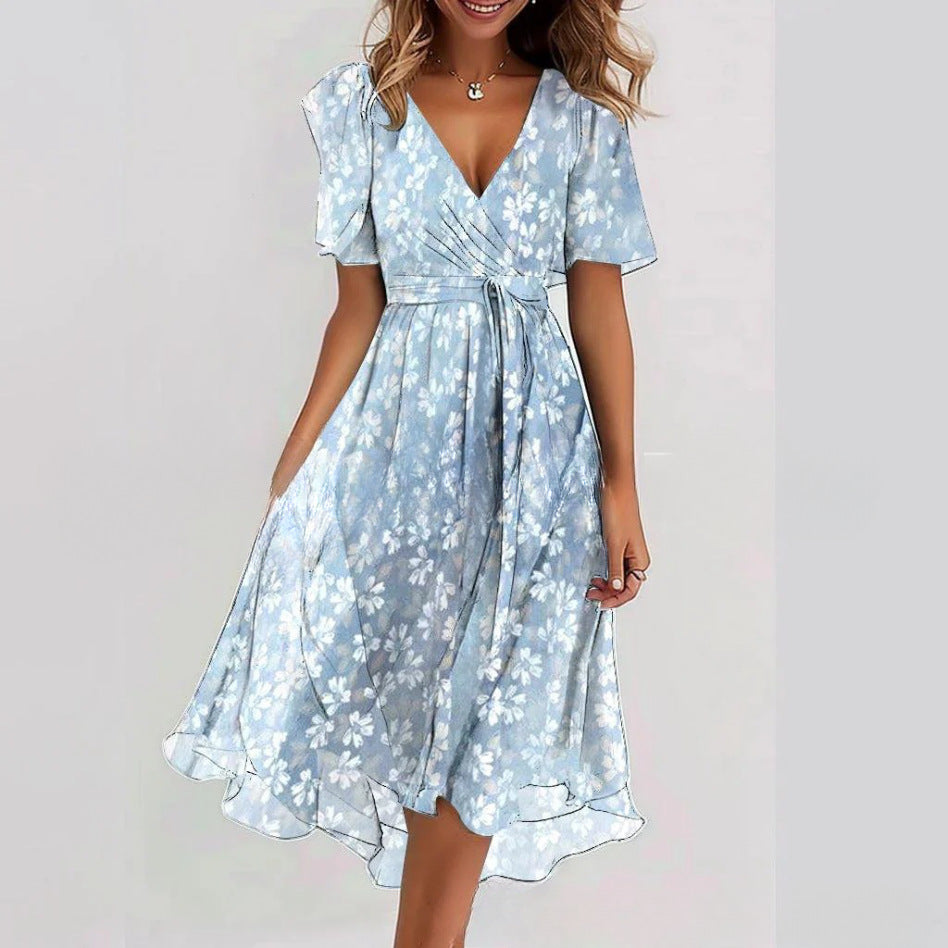Flowers Printed V-neck Dress Summer A-line Short-sleeved Dresses For Women - Grab & Glow