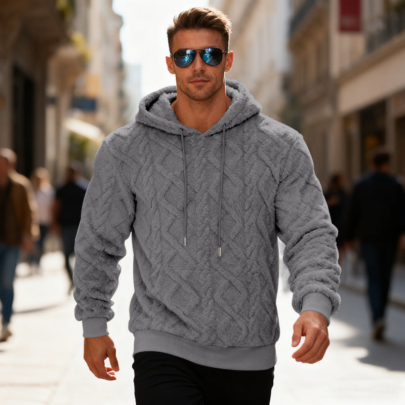 Plush Hooded Sweatshirt Winter Warm Long-sleeved Pullover Top Men's Casual Solid Color Fleece Hoodie Clothing - Grab & Glow