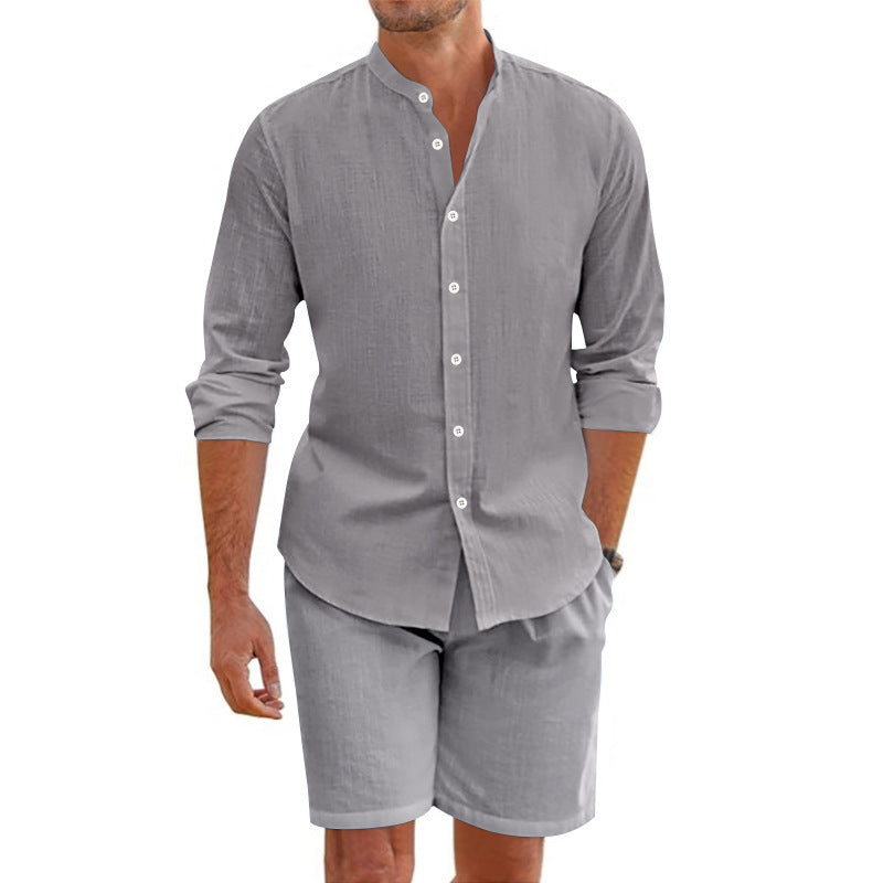 Summer Short Shirt Suit Fashion Lapel Button Down Short Sleeve Top And Drawstring Shorts Beach Clothing For Men - Grab & Glow
