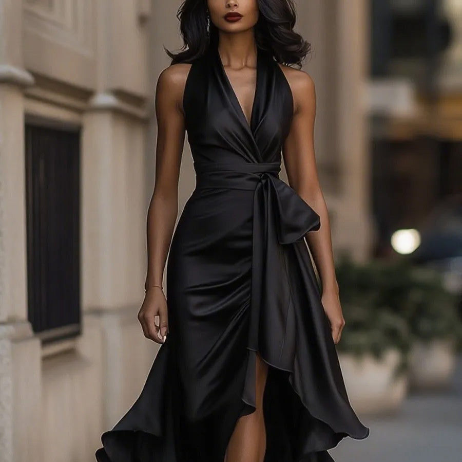 Elegant Deep V-neck Irregular Women's Ruffled Ruffled Evening Dress Gowns Solid Color Lace-up High Waist Satin Party Dresses Wedding Guests Dress - Grab & Glow