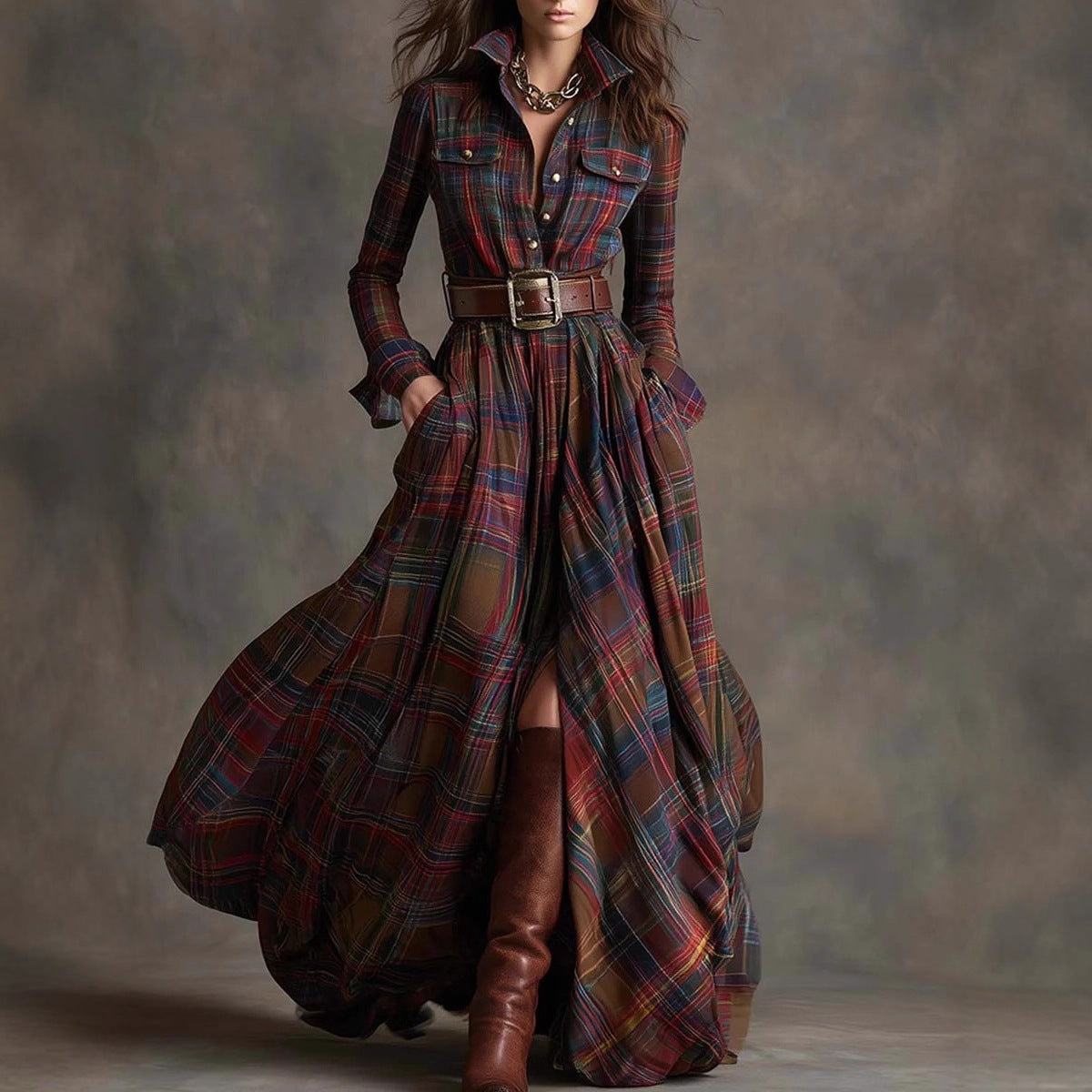 Plaid Print Long-Sleeve Shirt Dress - Grab & Glow