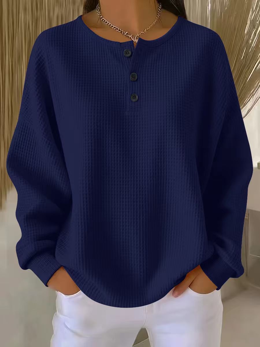 Ins Waffle Long-sleeved T-shirt Fashion Solid Color Buttons Round Neck Pullover Top Women's Clothing - Grab & Glow