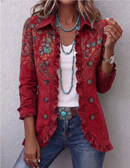 Ruffled Jacket Solid Color Pleated Lapel Blazer Women's Fashion Casual Printed Suit Jacket Office Wear Clothing - Grab & Glow